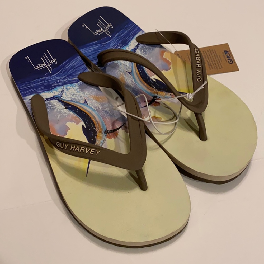 Guy Harvey Men’s SZ 9 Thong Flip Flips Marlin Sunset Sandals New